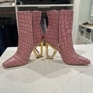Unique Pink Croc-Embossed Ankle Boots